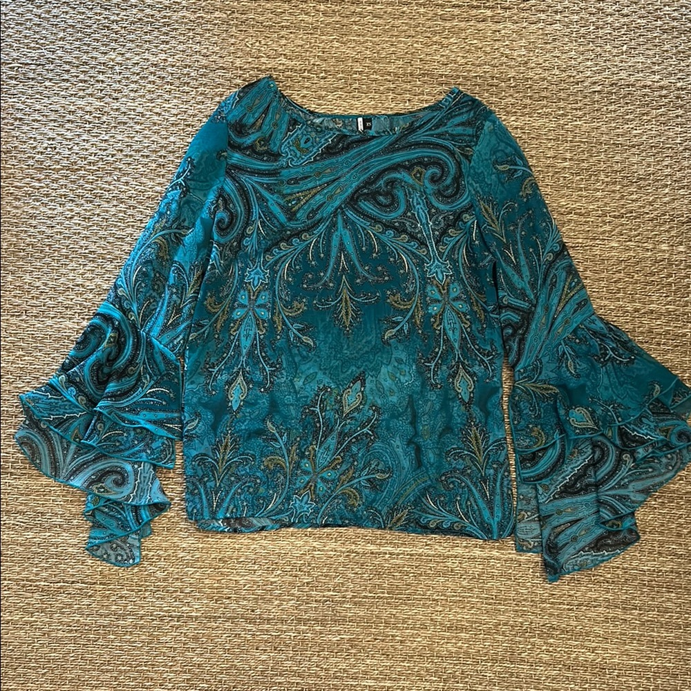 Celine Blue Graphic Bell Sleeve Blouse
